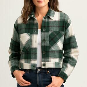 KUT Women’s Green Plaid Cropped Flannel Shirt Button Down Size Small
